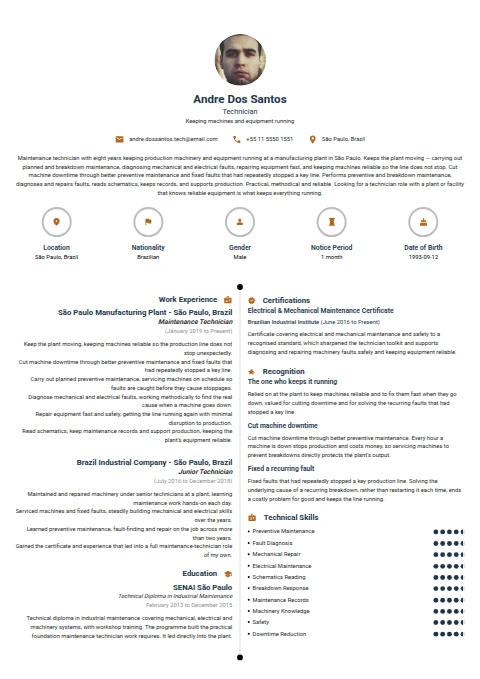 Technician resume example