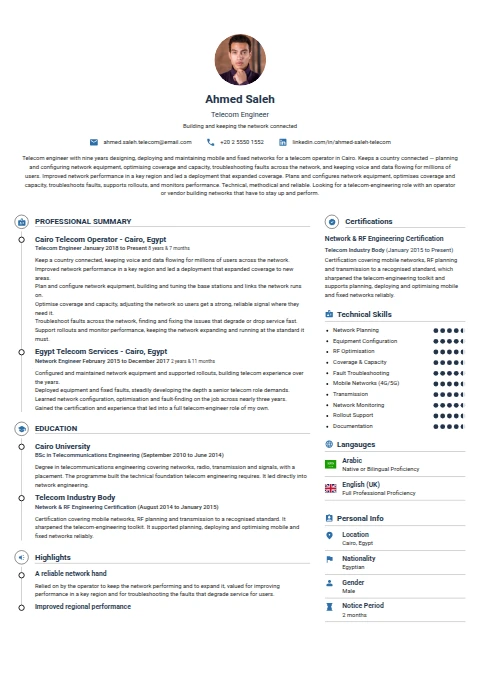 Telecom Engineer resume example