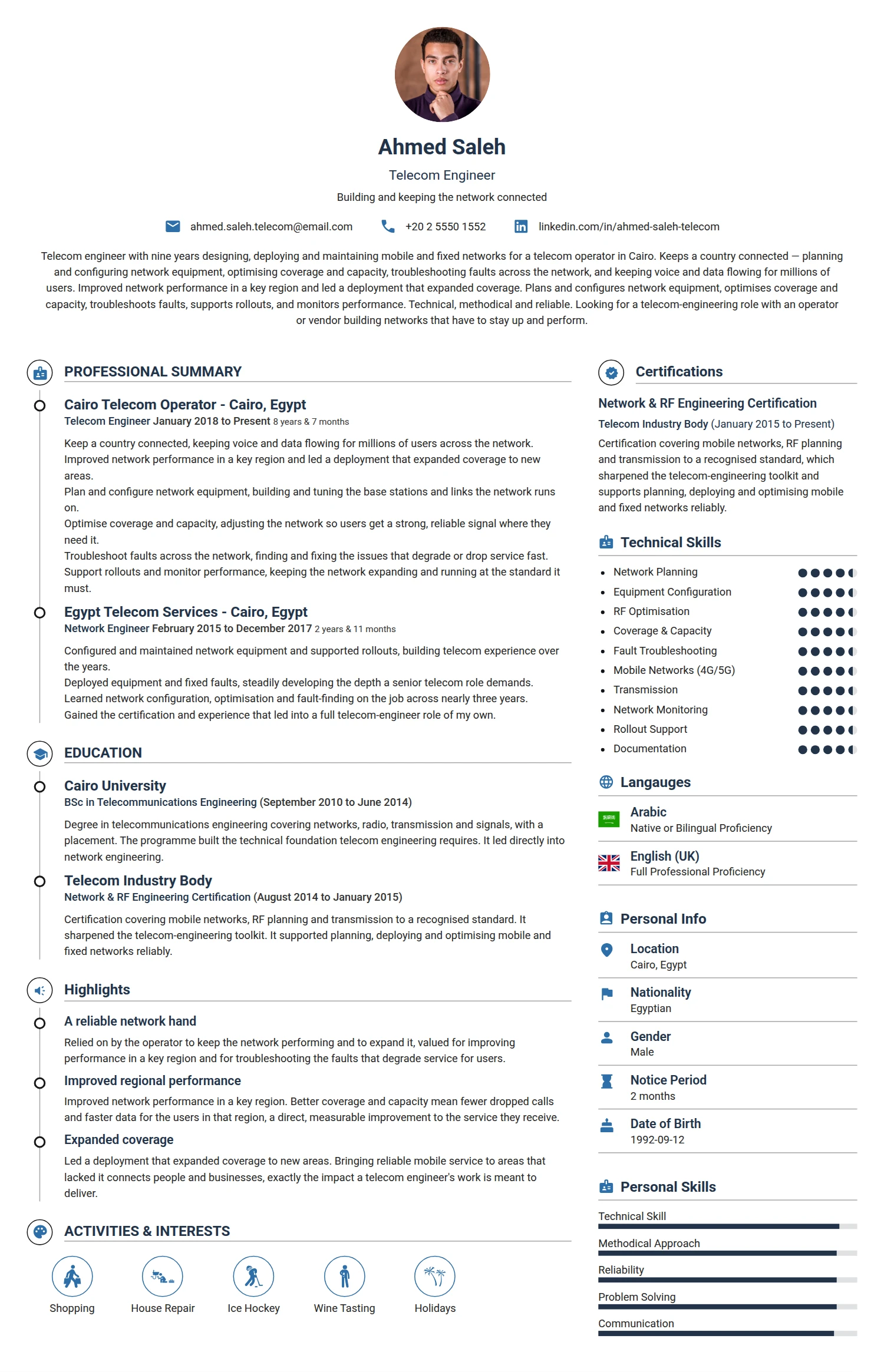 Telecom Engineer resume example — a professionally formatted Engineering CV sample