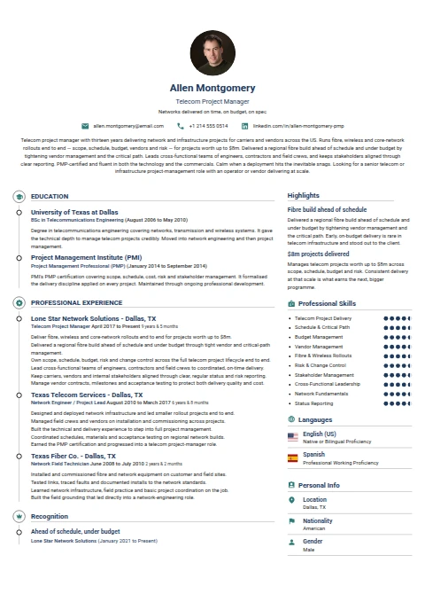 Telecom Project Manager resume example