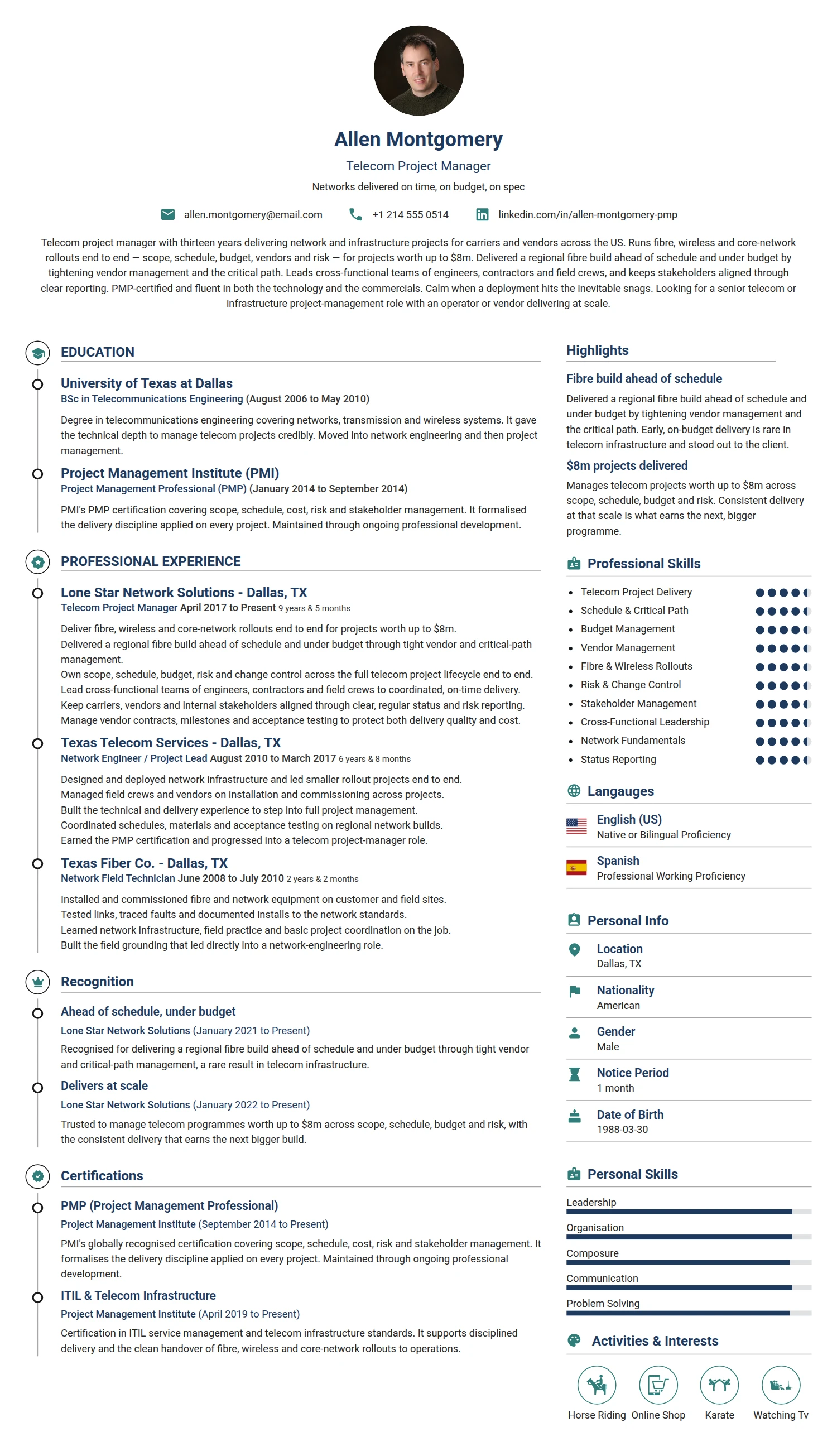 Telecom Project Manager resume example — a professionally formatted Business Management CV sample
