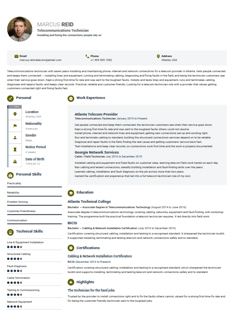 Telecomm Technician resume example — a professionally formatted Maintenance/Repair CV sample
