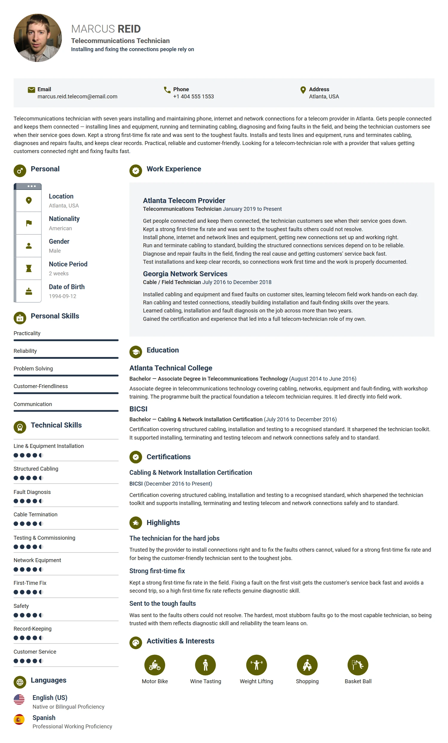 Telecomm Technician resume example — a professionally formatted Maintenance/Repair CV sample