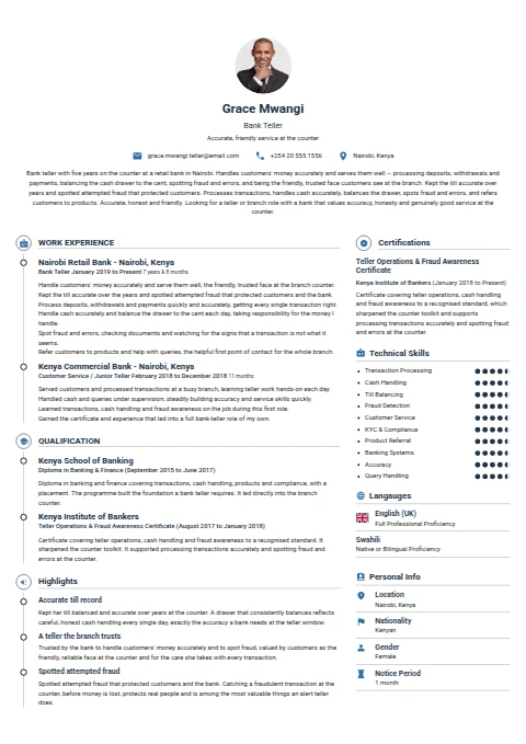 Teller resume example — a professionally formatted Financial Services & Banking CV sample