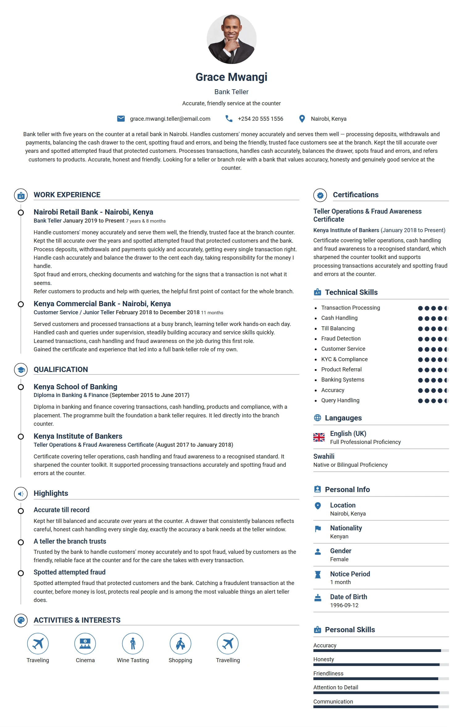 Teller resume example — a professionally formatted Financial Services & Banking CV sample