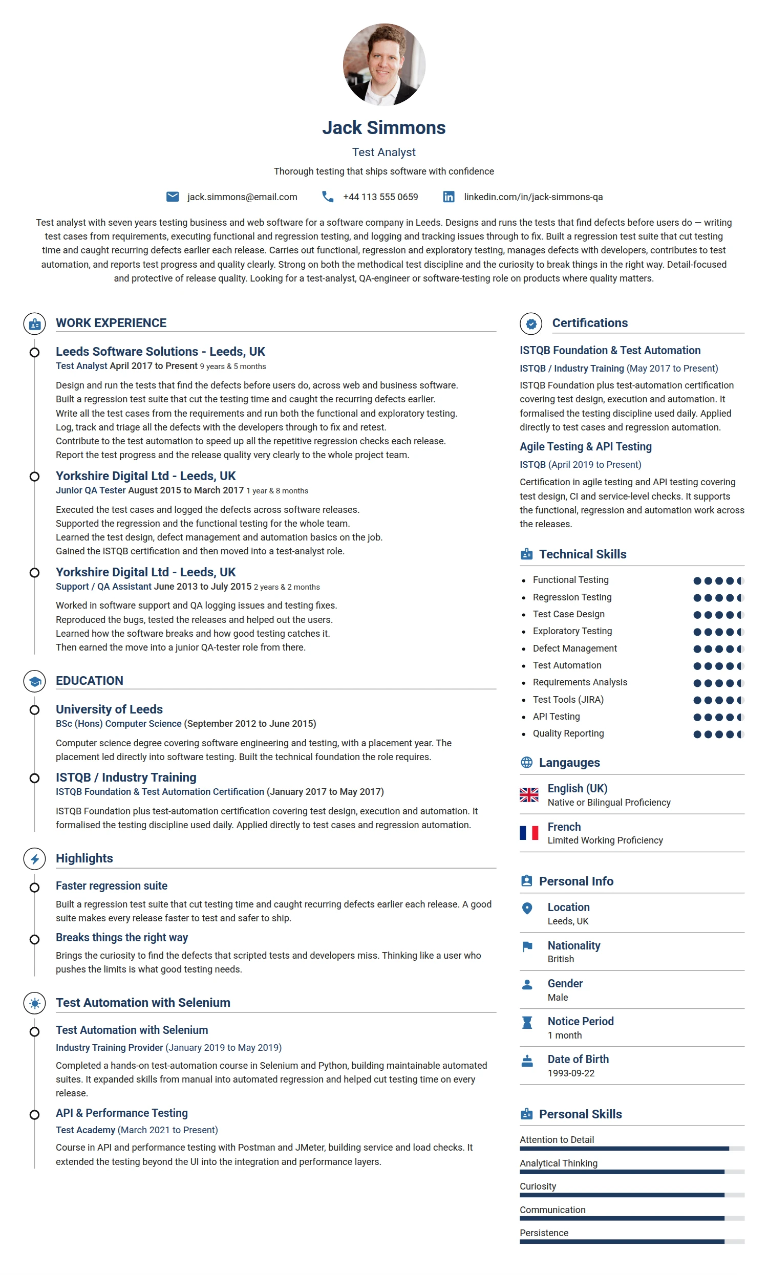 Test Analyst resume example — a professionally formatted Software Development & IT CV sample
