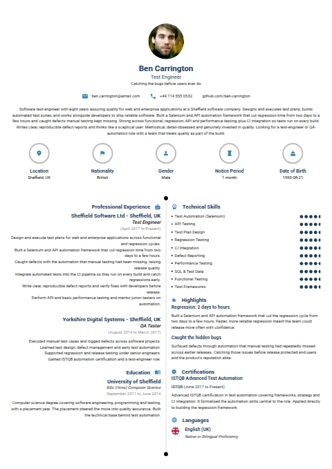 Test Engineer resume example