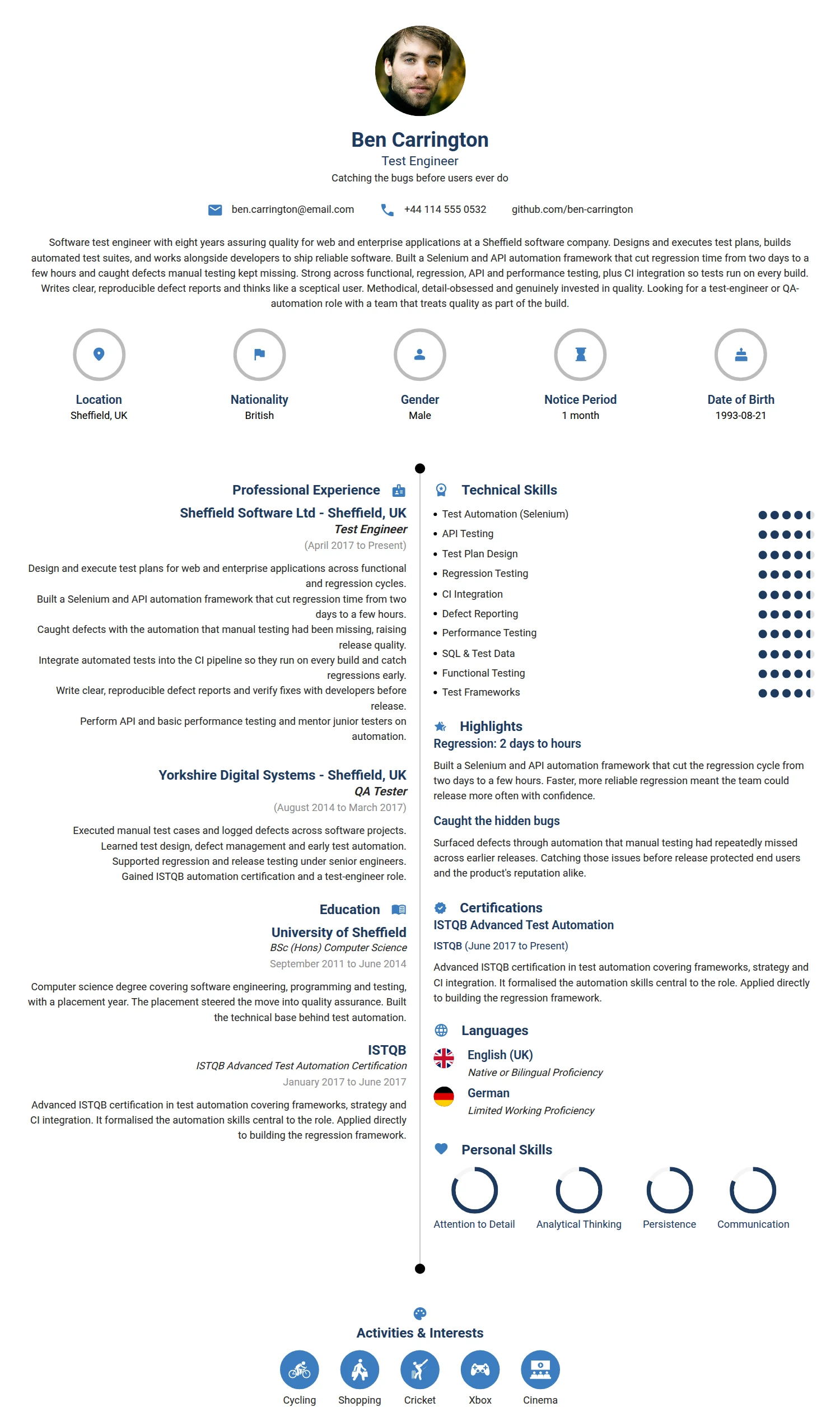 Test Engineer resume example — a professionally formatted Software Development & IT CV sample