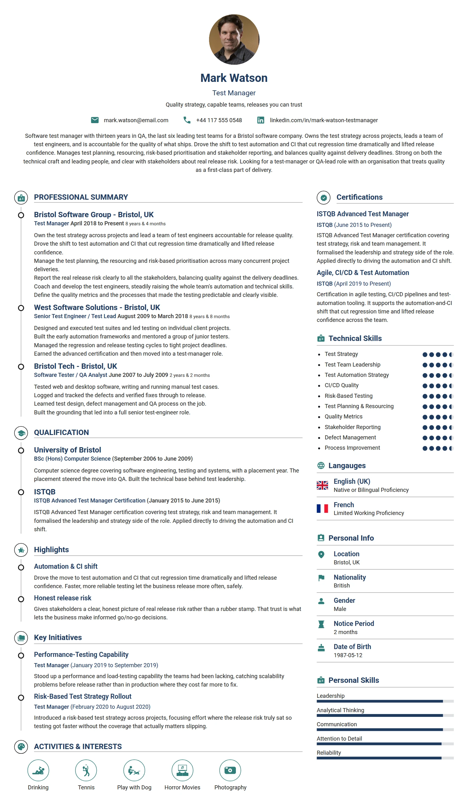Test Manager resume example — a professionally formatted Software Development & IT CV sample