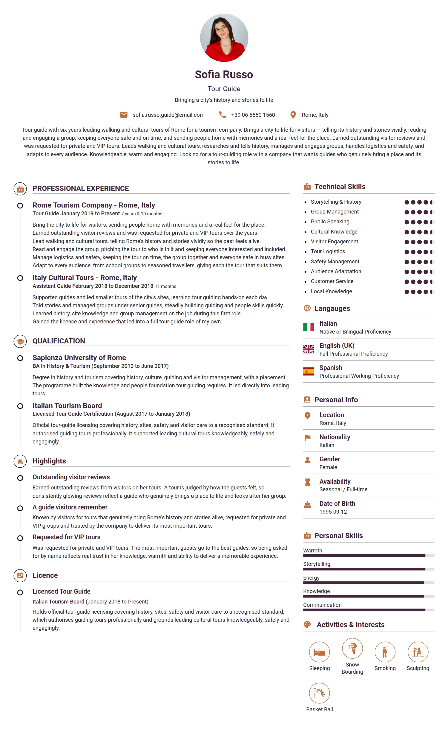 Tour Guide resume example — a professionally formatted Hospitality CV sample