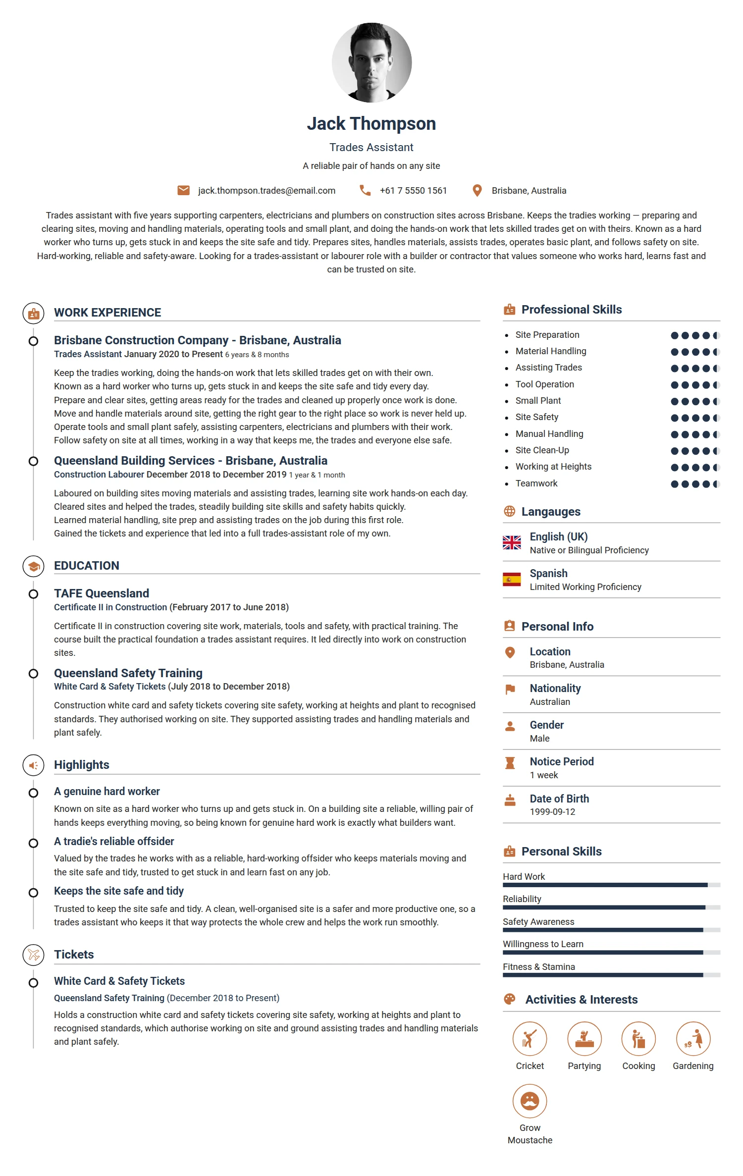 Trade Assistant resume example — a professionally formatted Logistics/Supply Chain CV sample