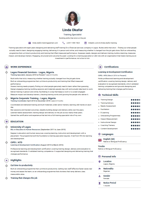 Training Specialist resume example