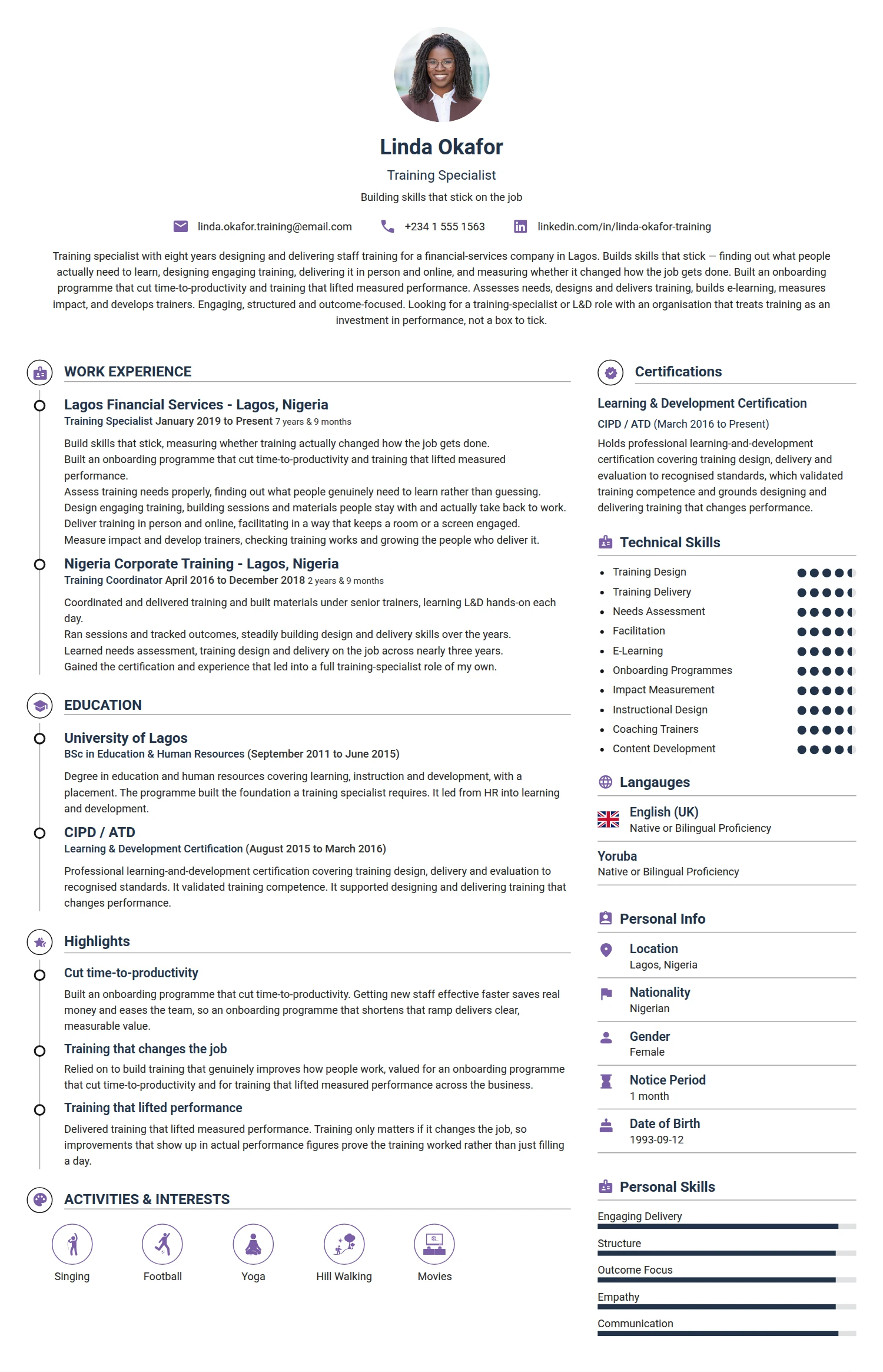 Training Specialist resume example — a professionally formatted Human Resources CV sample