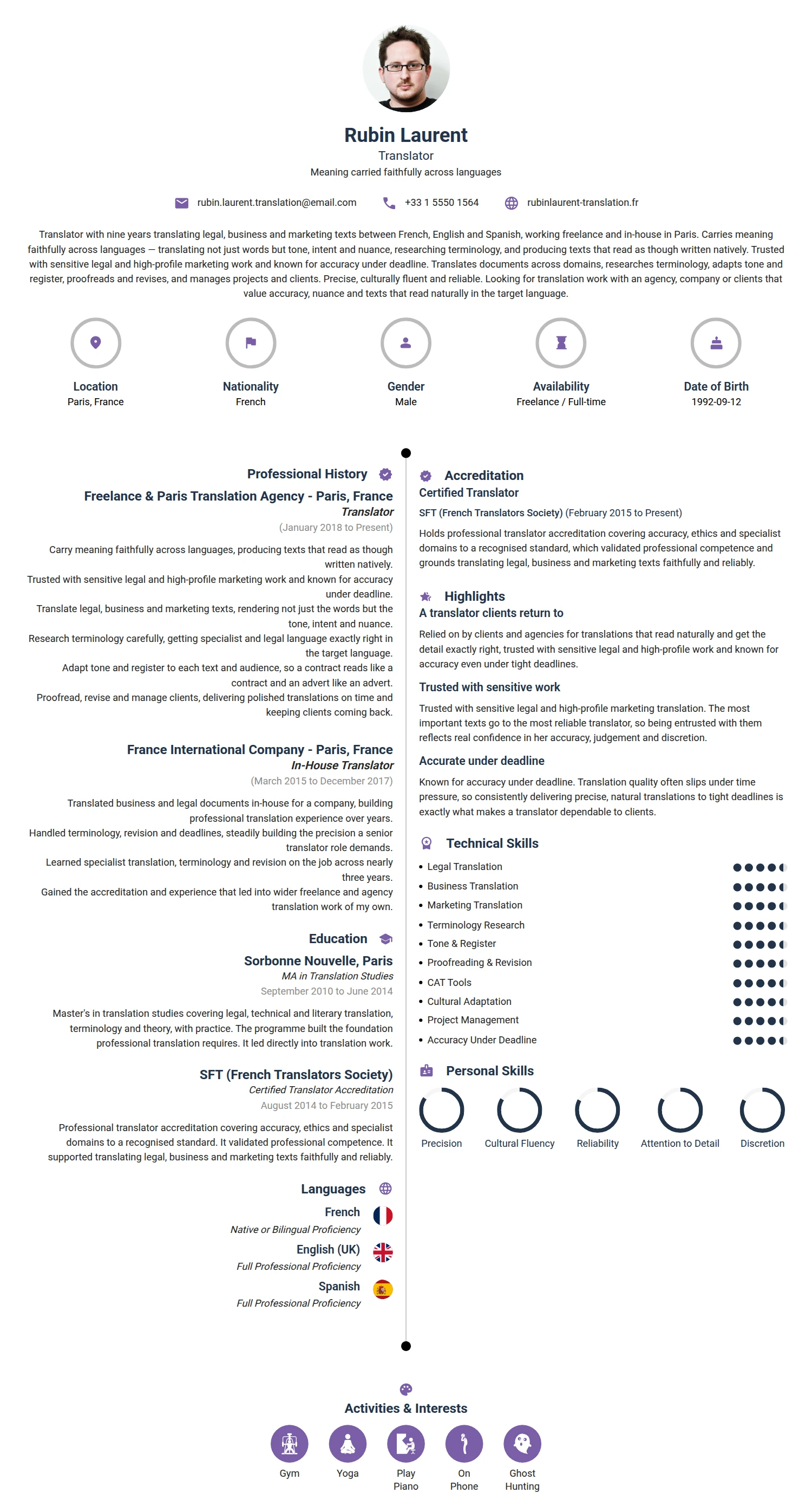 Translator resume example — a professionally formatted Education CV sample