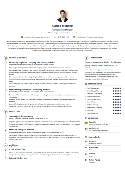 Transportation Manager resume example