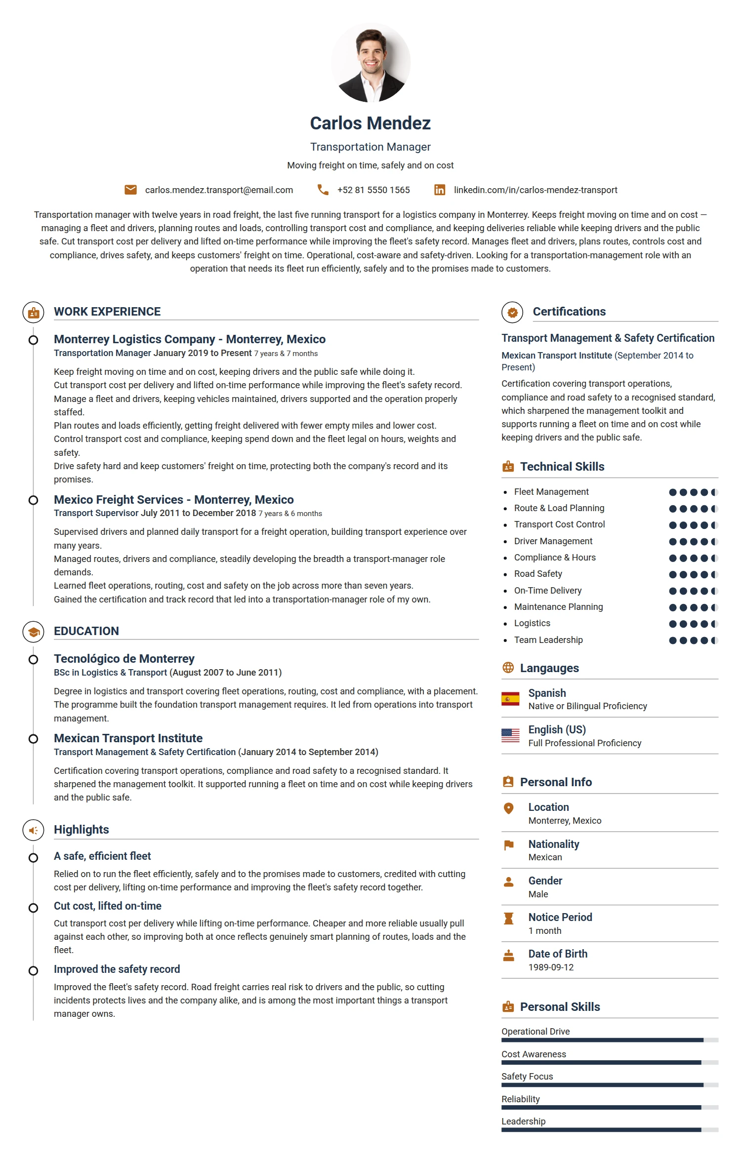 Transportation Manager resume example — a professionally formatted Transportation CV sample