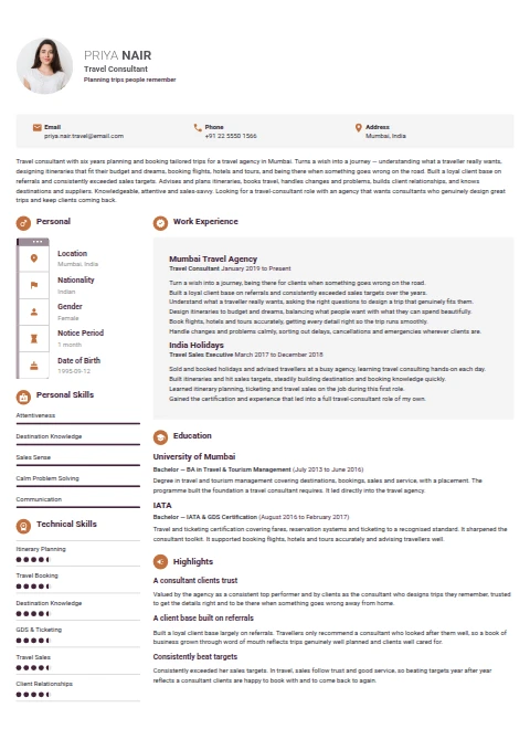 Travel Consultant resume example — a professionally formatted Hospitality CV sample