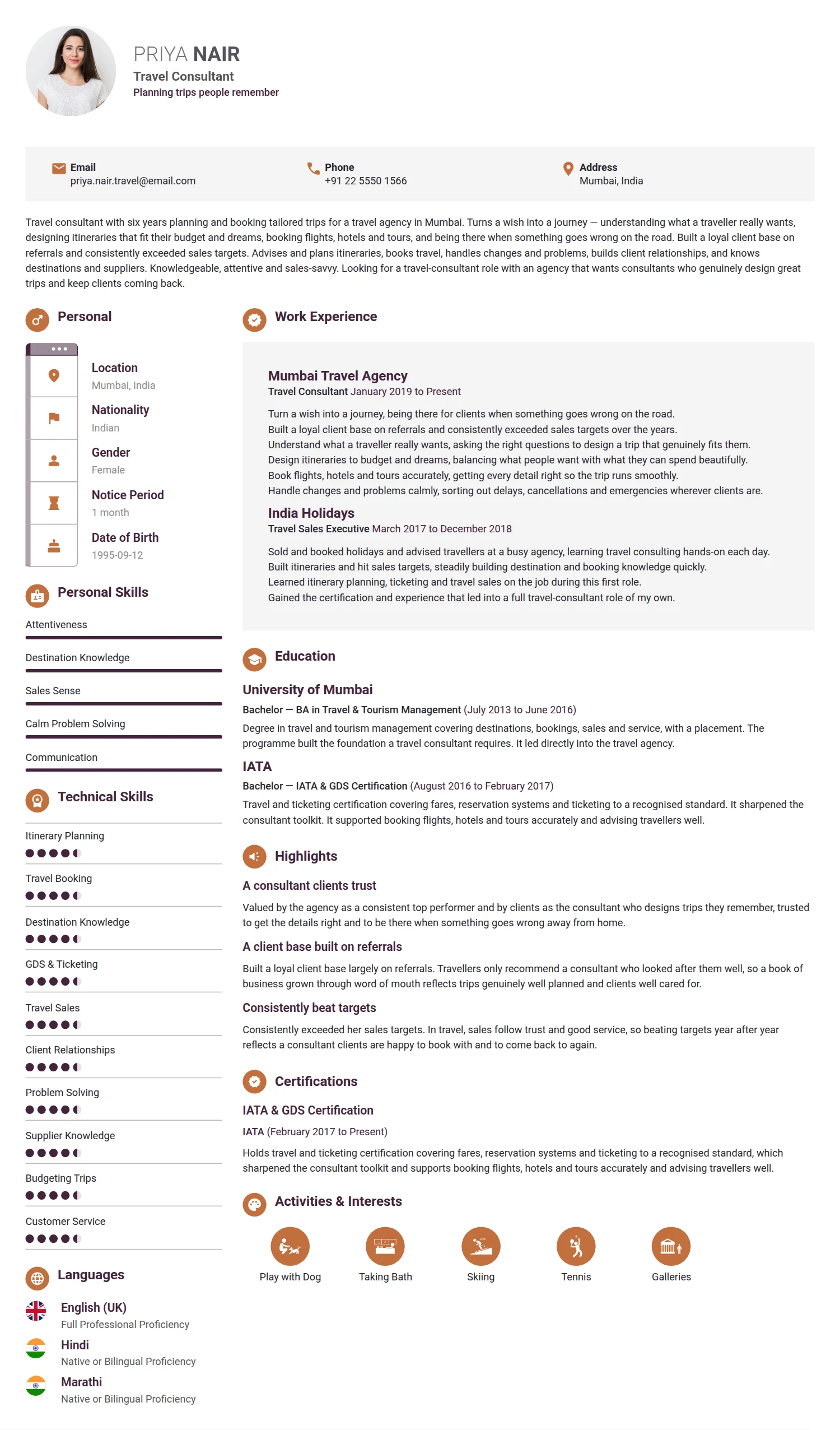 Travel Consultant resume example — a professionally formatted Hospitality CV sample