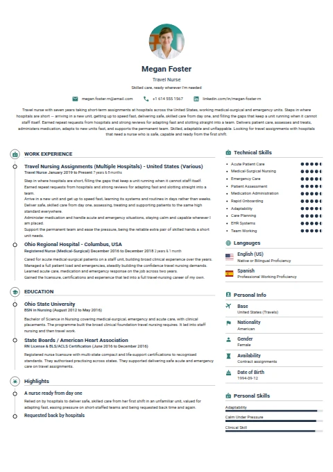 Travel Nurse resume example
