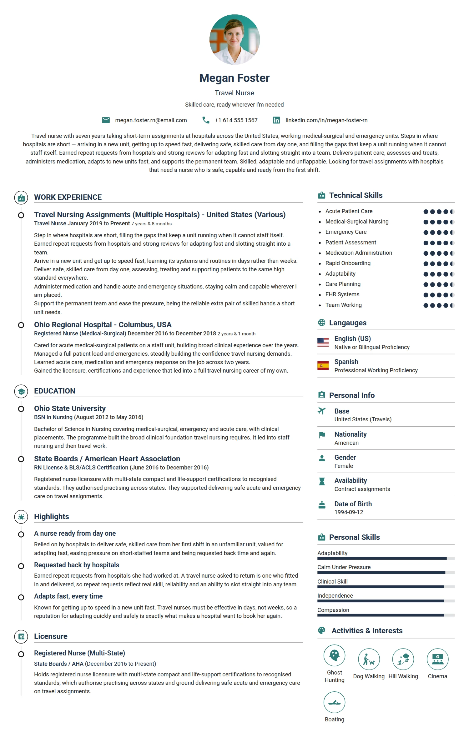 Travel Nurse resume example — a professionally formatted Medical & Healthcare CV sample