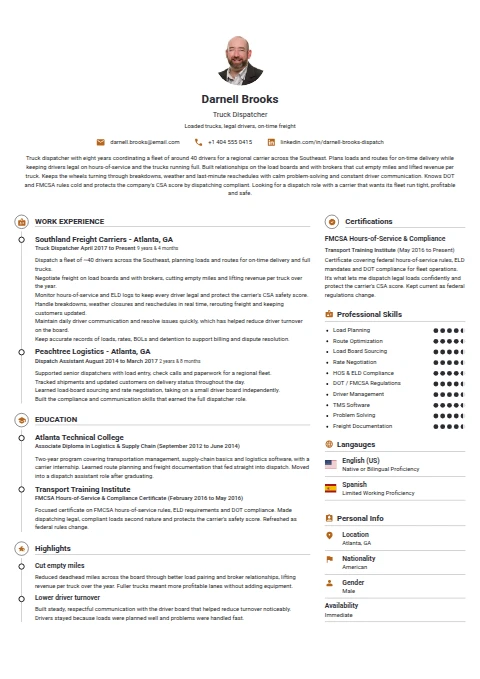 Truck Dispatcher resume example