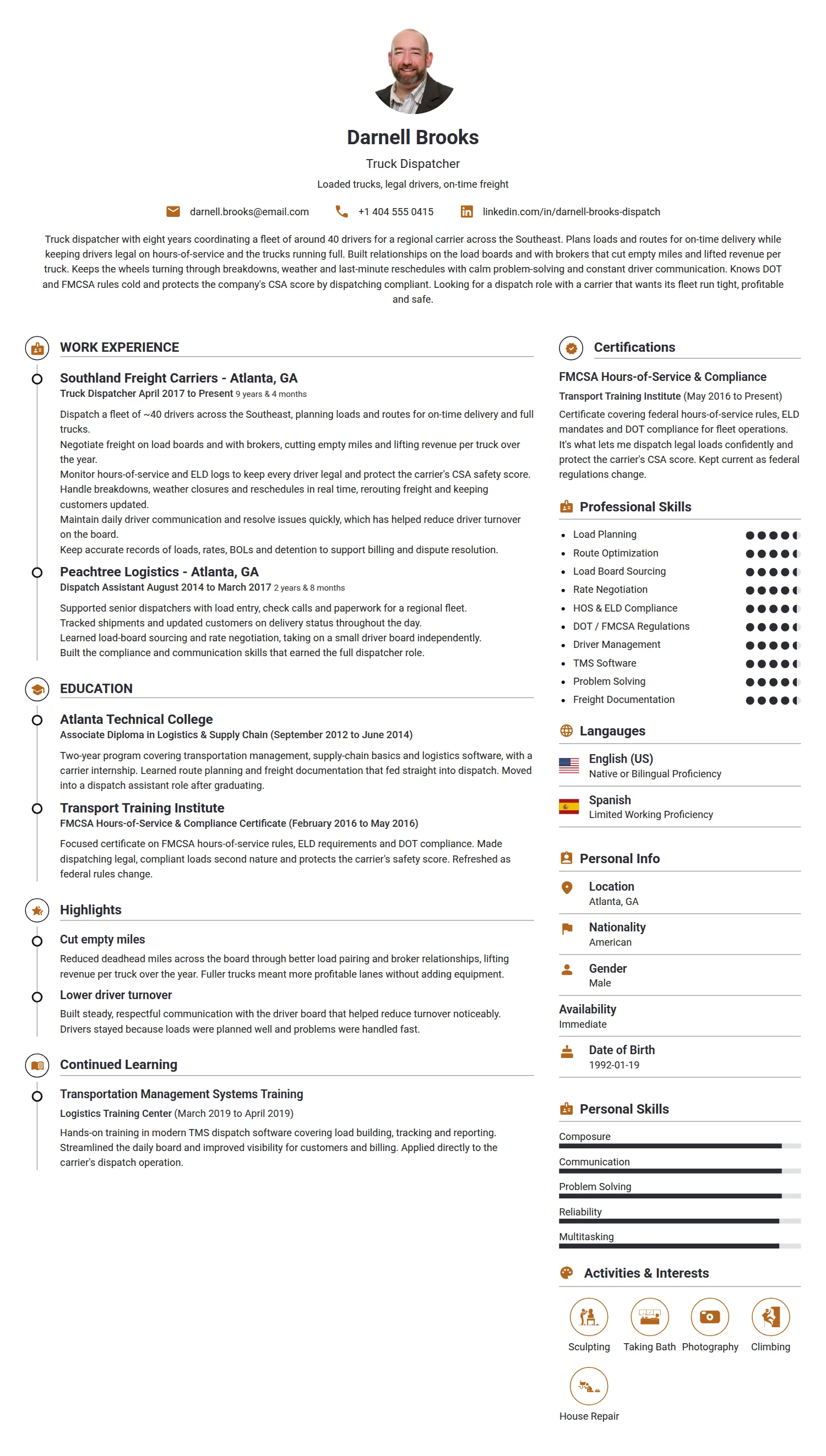 Truck Dispatcher resume example — a professionally formatted Transportation CV sample