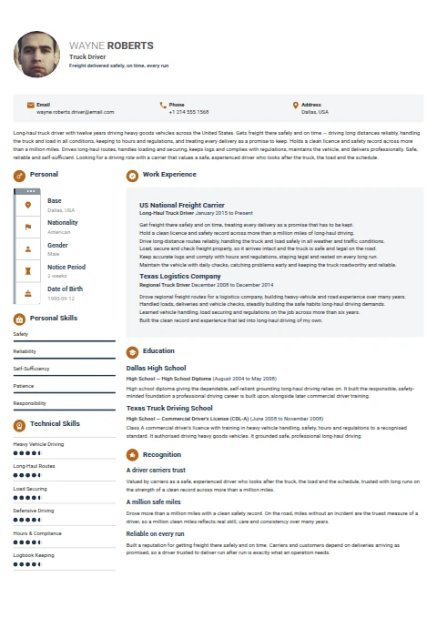 Truck Driver resume example