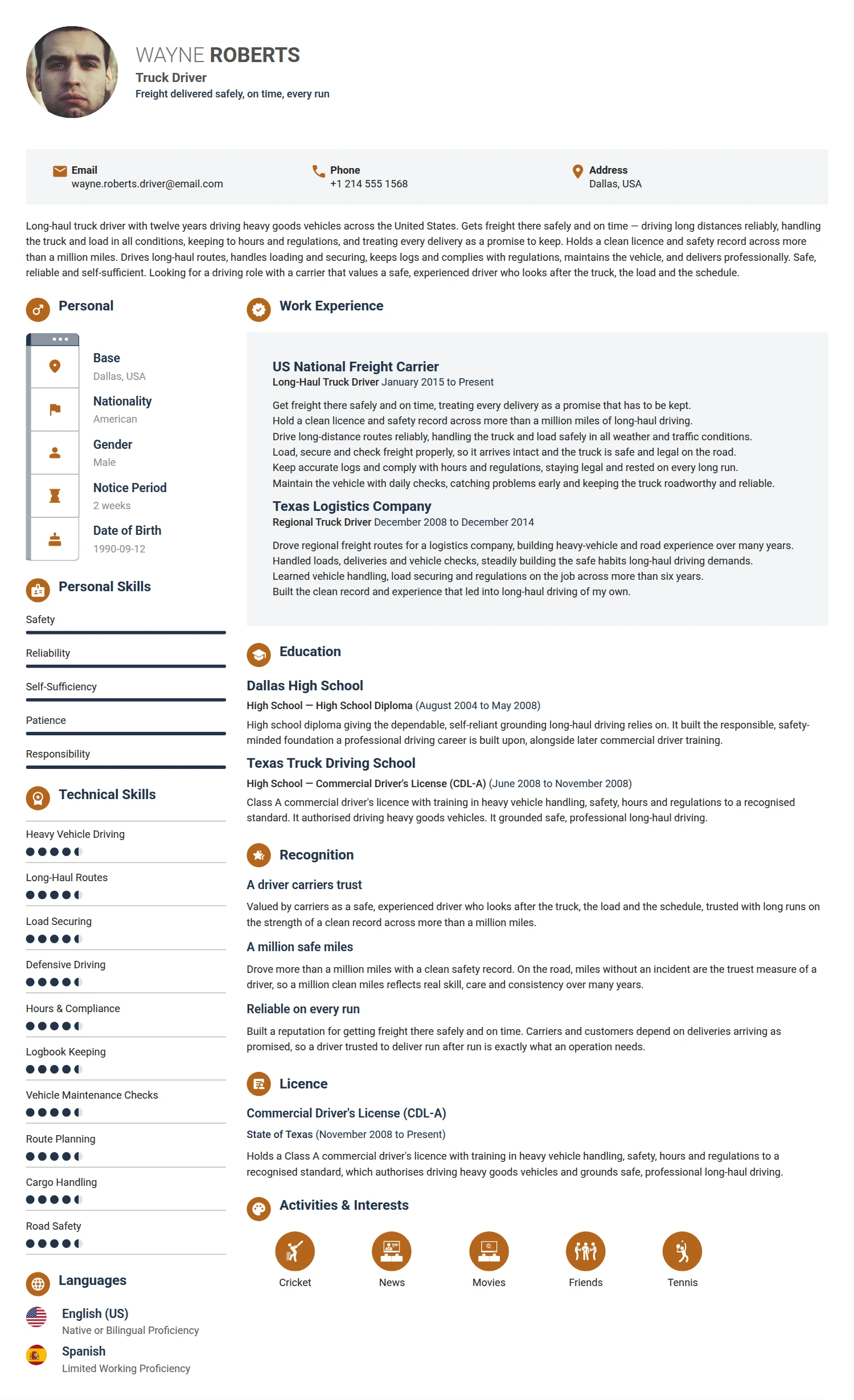 Truck Driver resume example — a professionally formatted Transportation CV sample