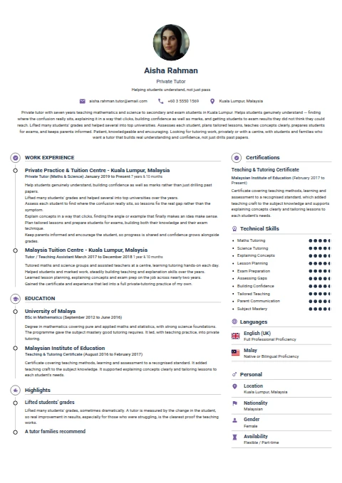 Tutor resume example