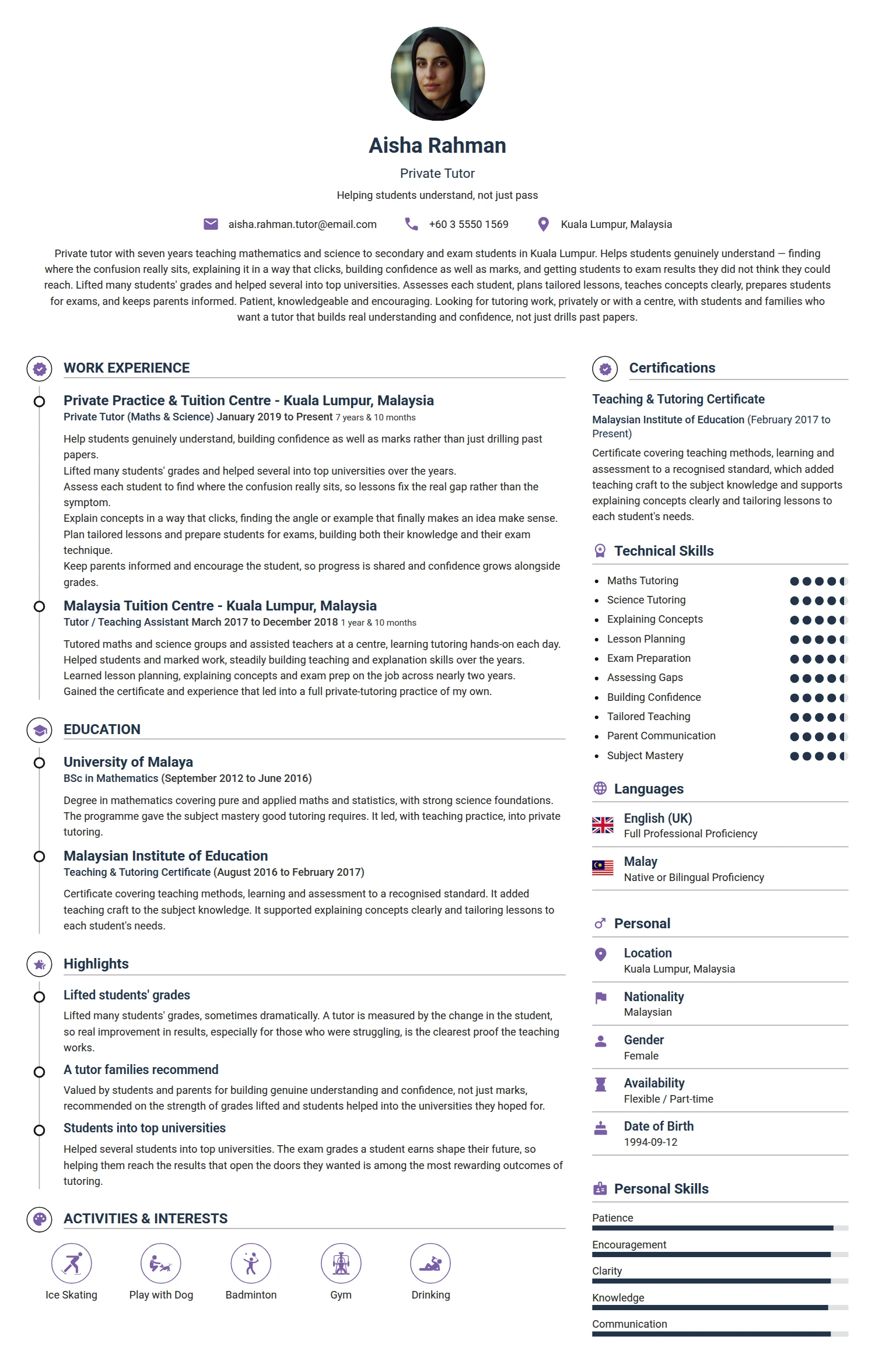 Tutor resume example — a professionally formatted Education CV sample