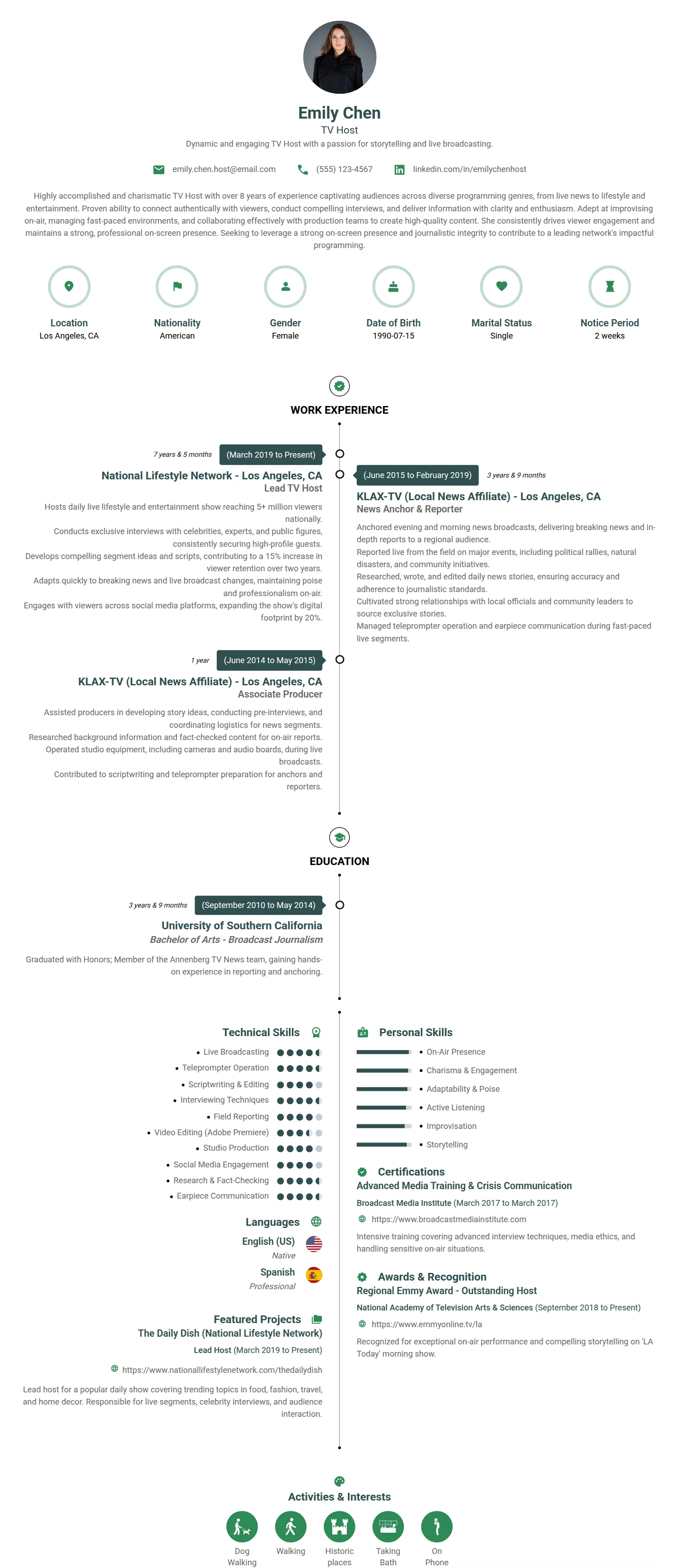 TV Host resume example — a professionally formatted Media/Journalism CV sample