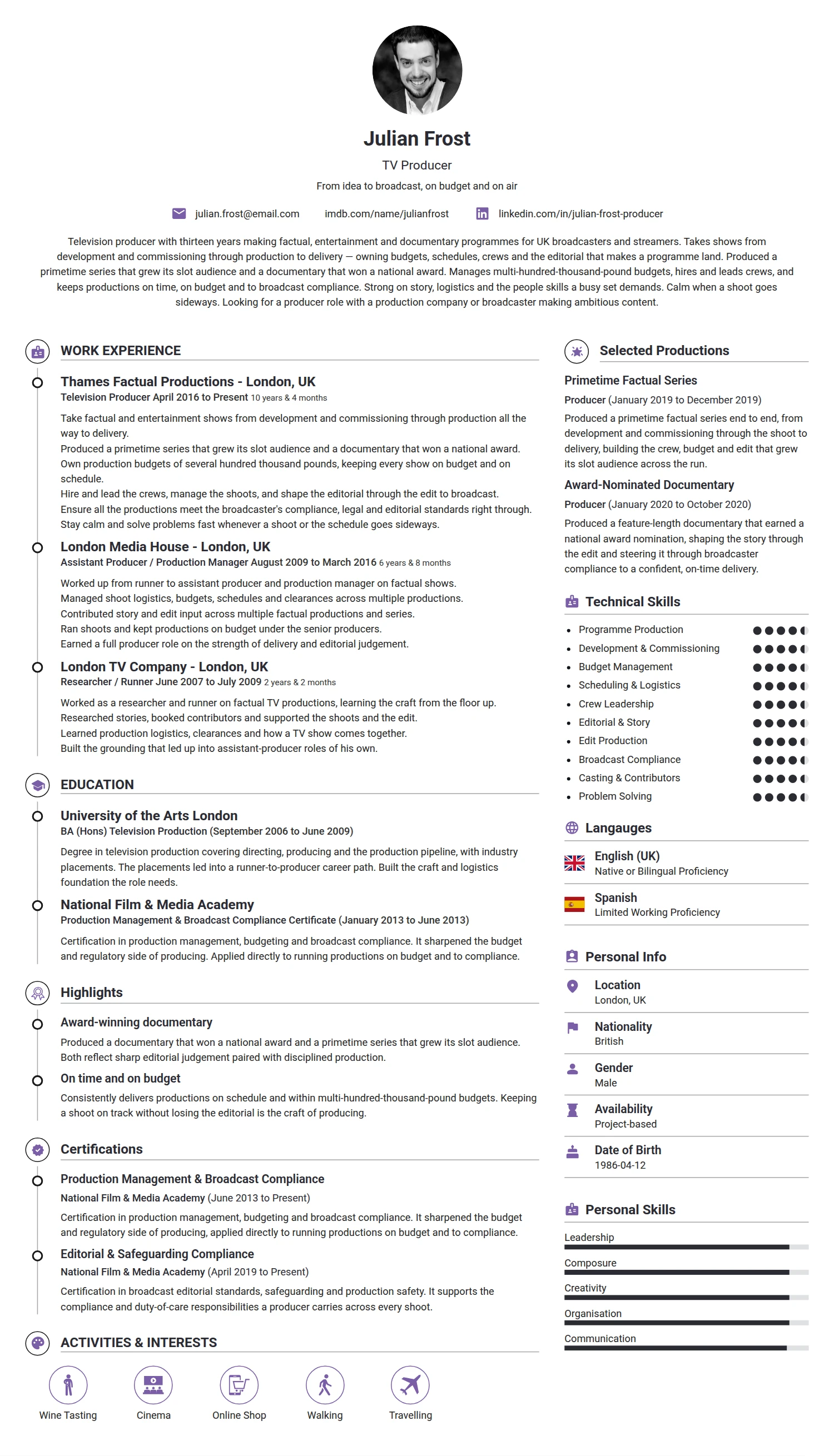 TV Producer resume example — a professionally formatted Media/Journalism CV sample