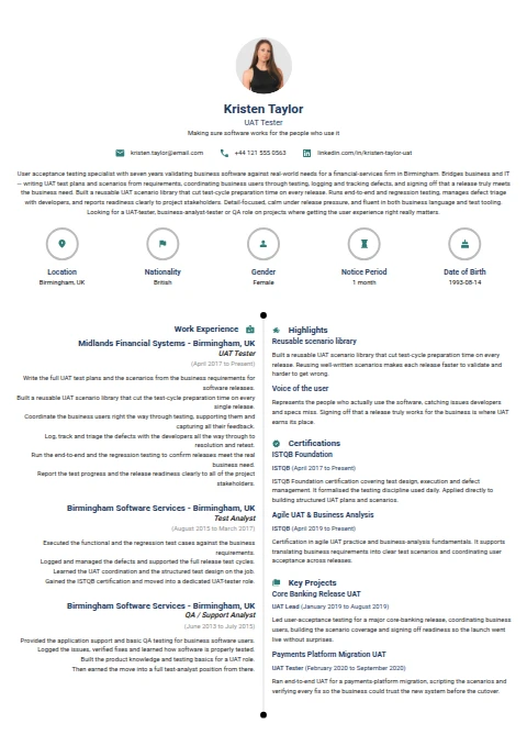 UAT Tester resume example