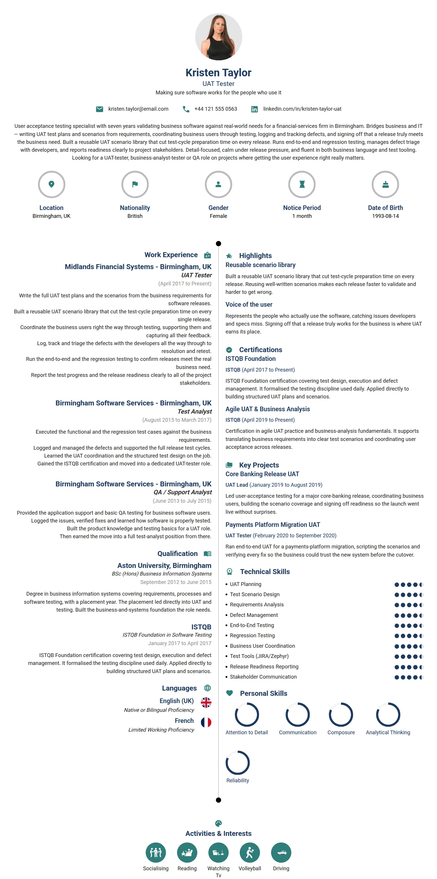 UAT Tester resume example — a professionally formatted Software Development & IT CV sample