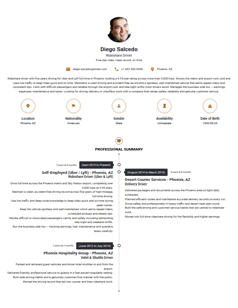 Uber Driver resume example