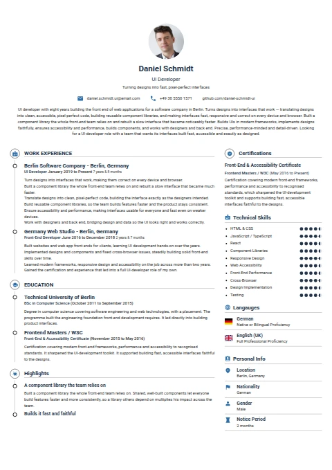 UI Developer resume example