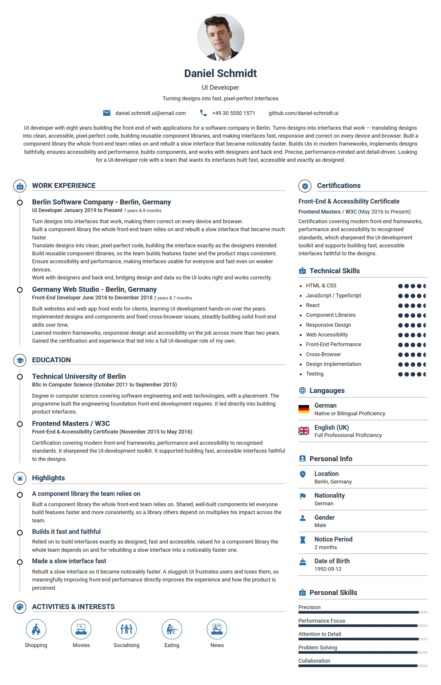 UI Developer resume example — a professionally formatted Software Development & IT CV sample