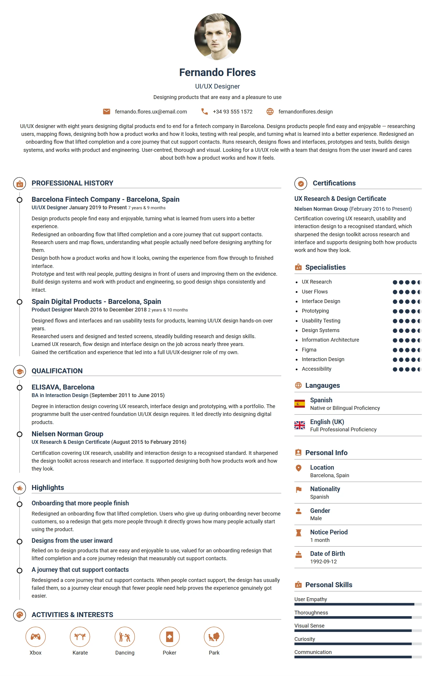 UI UX Designer resume example — a professionally formatted Art/Creative/Design CV sample