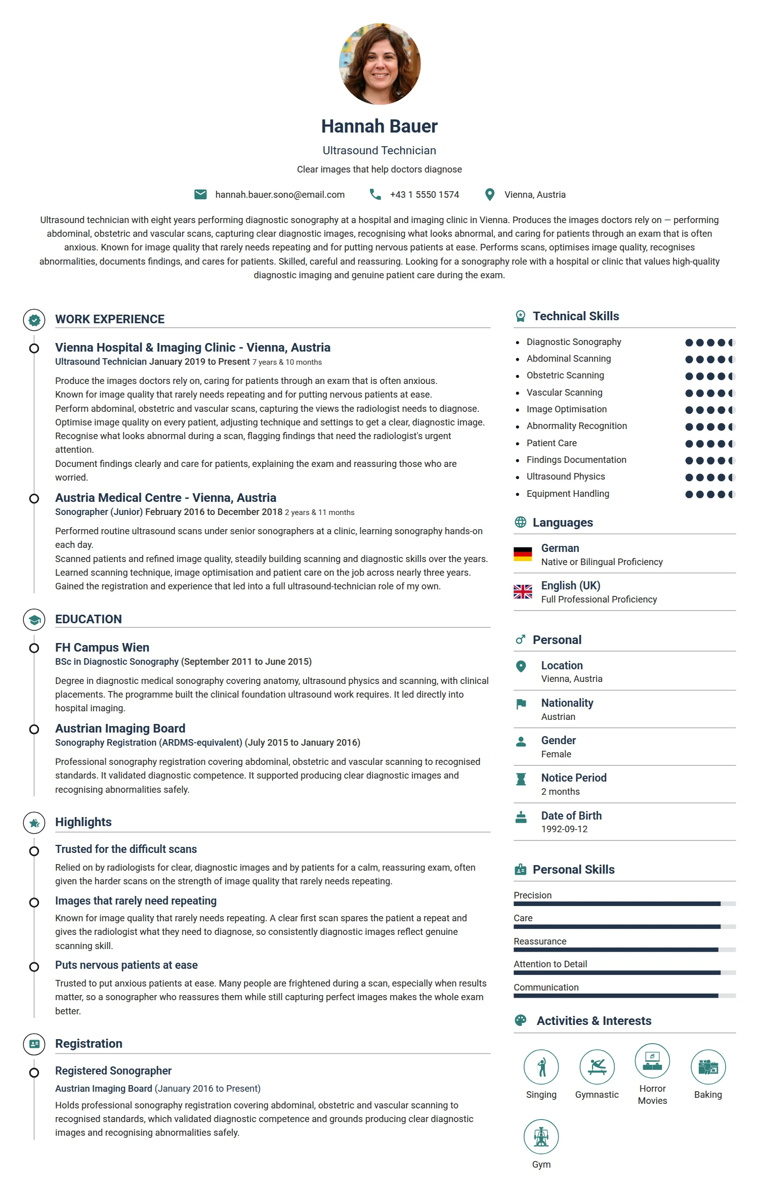 Ultrasound Technician resume example — a professionally formatted Medical & Healthcare CV sample