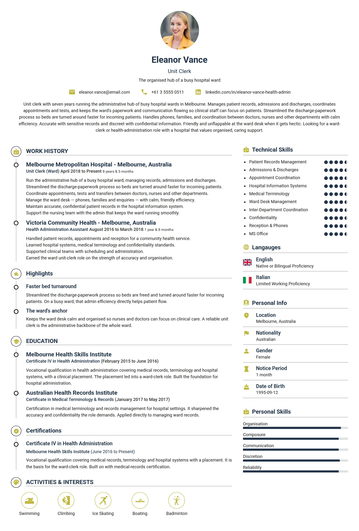 Unit Clerk resume example — a professionally formatted Administration CV sample