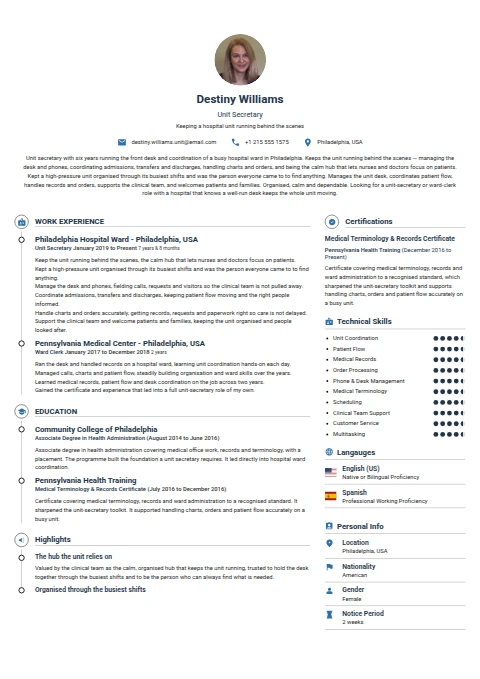 Unit Secretary resume example
