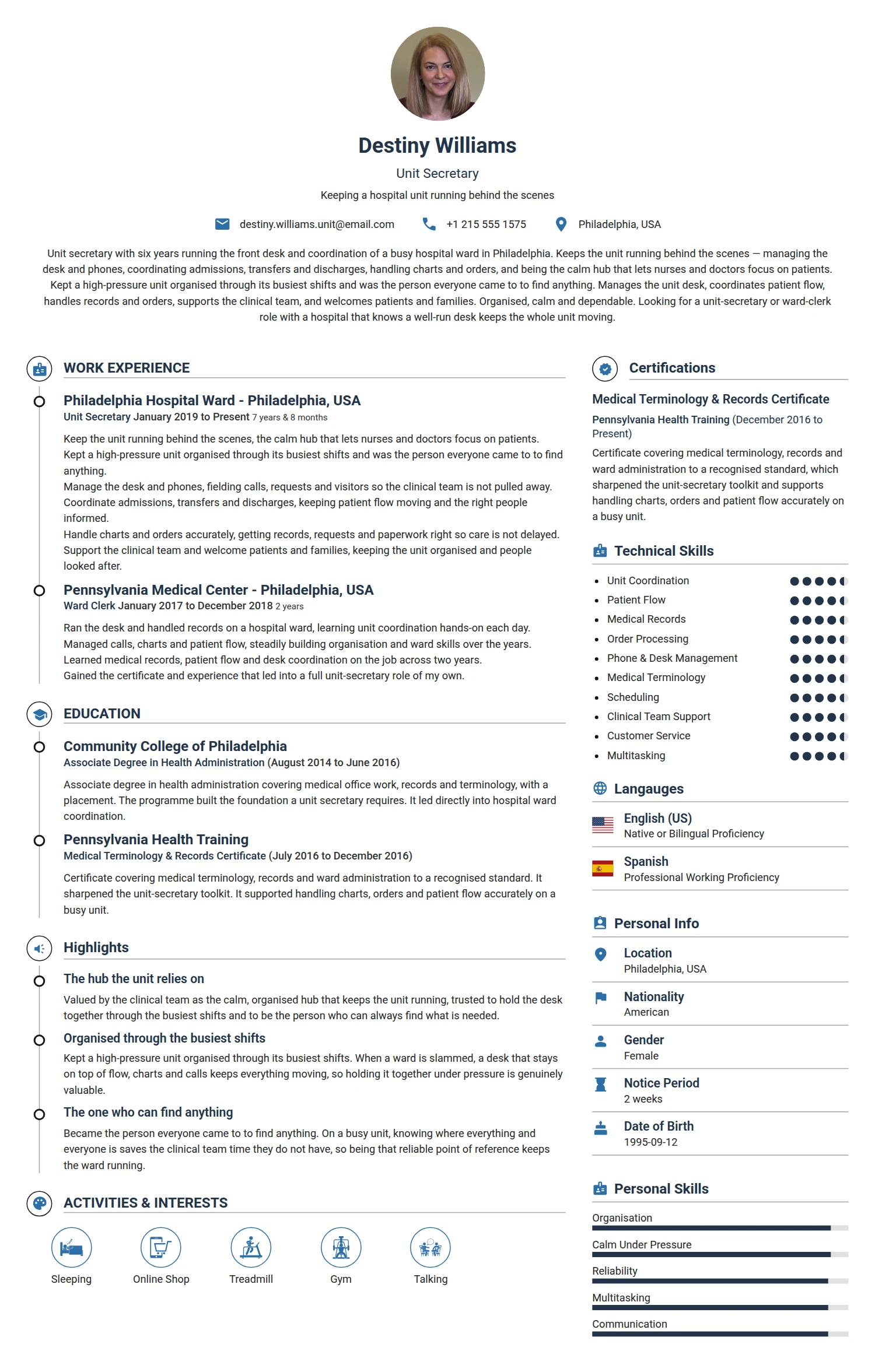 Unit Secretary resume example — a professionally formatted Administration CV sample