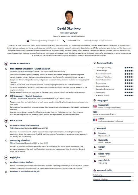 University Lecturer resume example — a professionally formatted Education CV sample