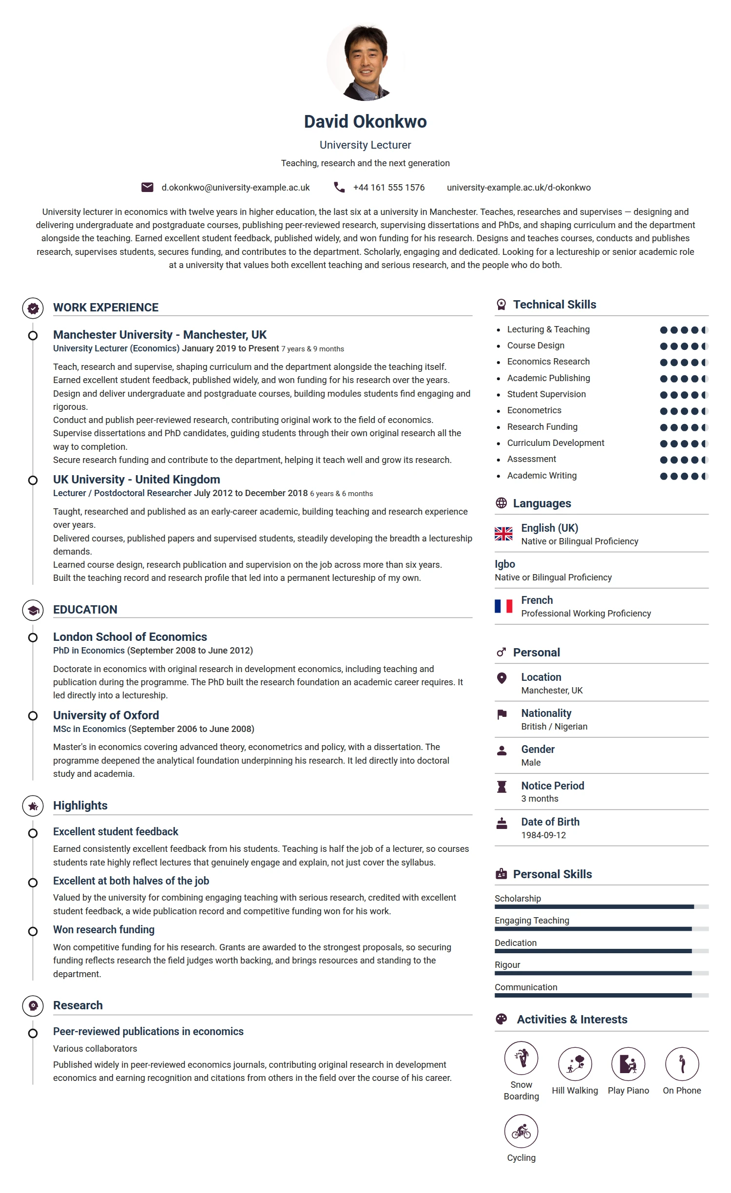 University Lecturer resume example — a professionally formatted Education CV sample