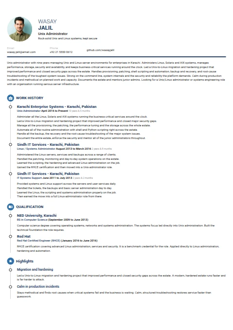 UNIX Administrator resume example