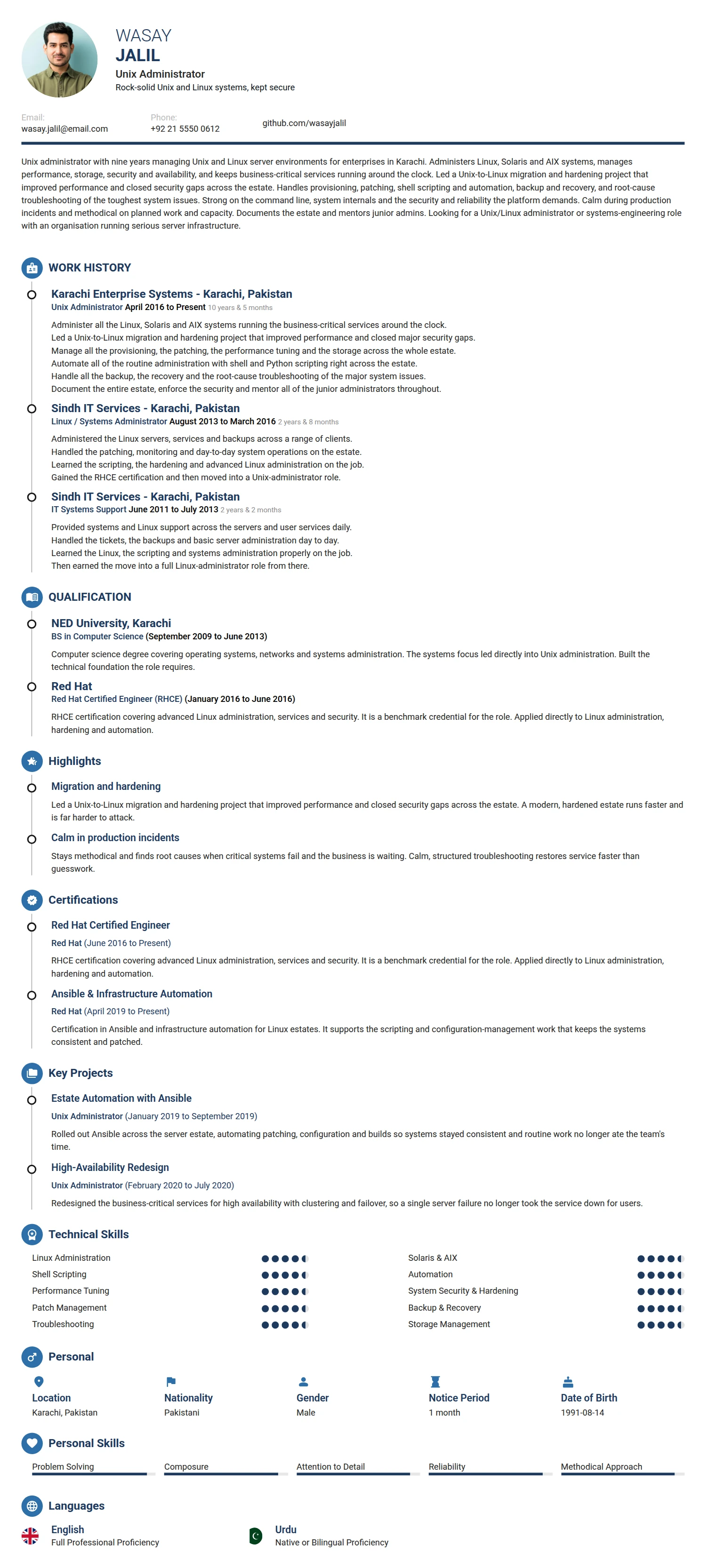 UNIX Administrator resume example — a professionally formatted Software Development & IT CV sample