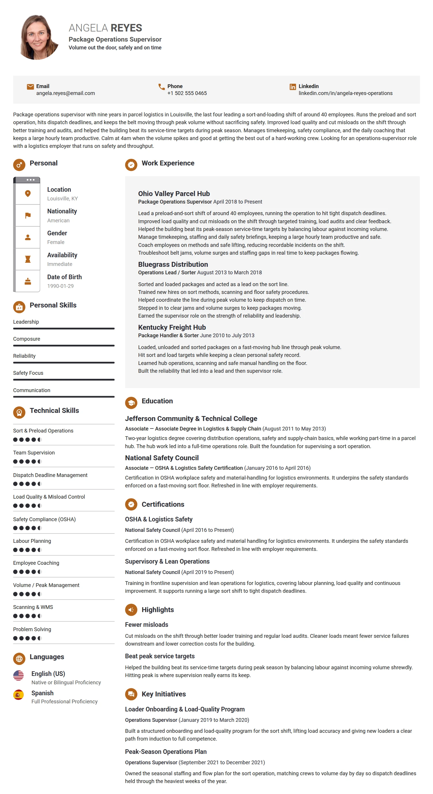 UPS Supervisor resume example — a professionally formatted Logistics/Supply Chain CV sample