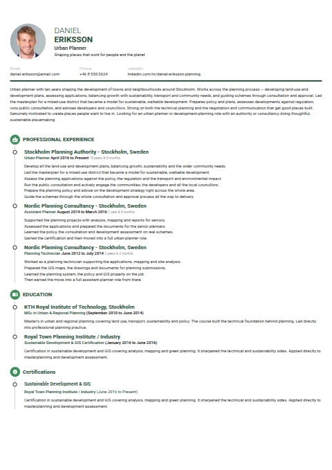Urban Planner resume example — a professionally formatted Science & Research CV sample