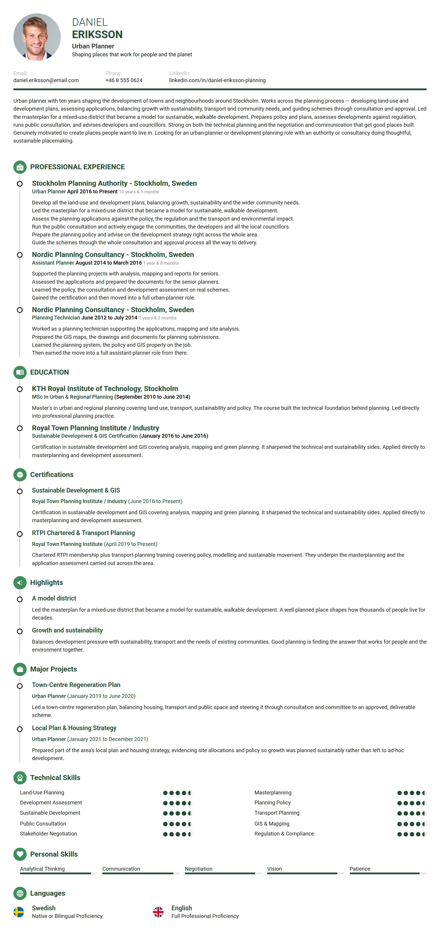 Urban Planner resume example — a professionally formatted Science & Research CV sample
