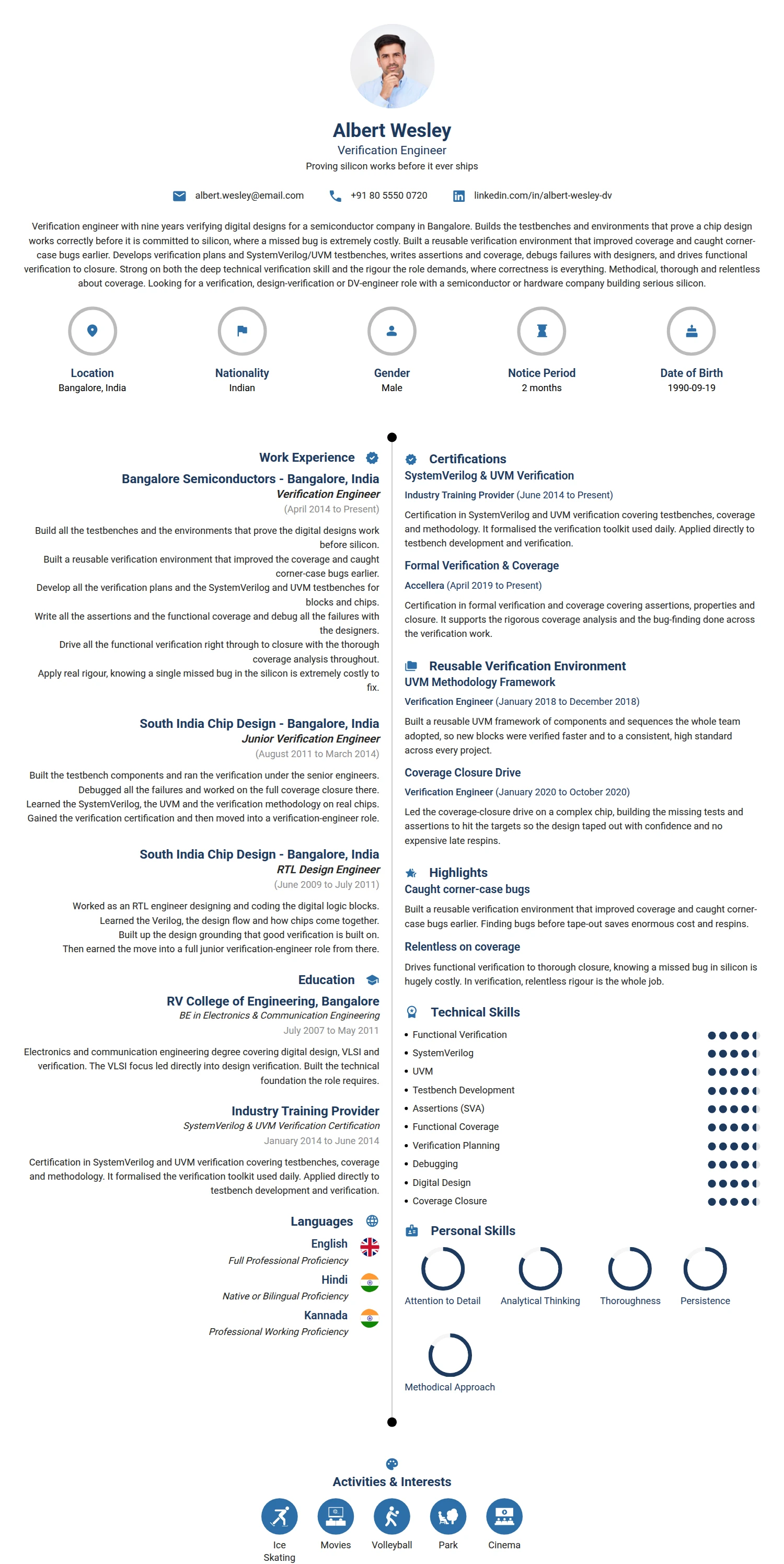 Verification Engineer resume example — a professionally formatted Engineering CV sample